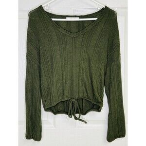 White Willow Women's Long Sleeve Ribbed Drawstring Hem Top Green XS Retail $78